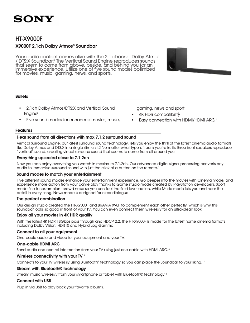 Página 1 del manual Ficha técnica Sony HT-X9000F
