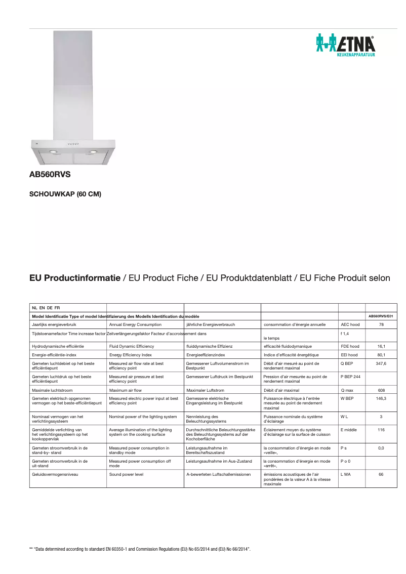 Página 1 del manual Ficha técnica Etna AB560RVS