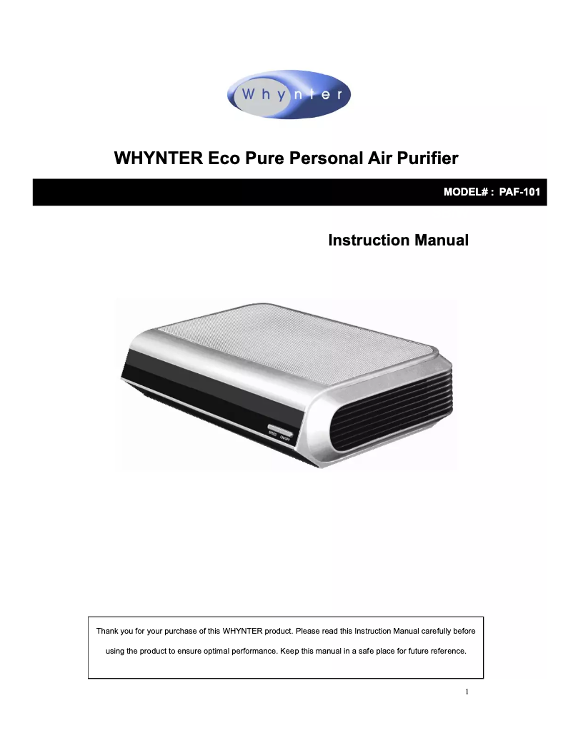 Página 1 del manual Manual de usuario Whynter PAF-101