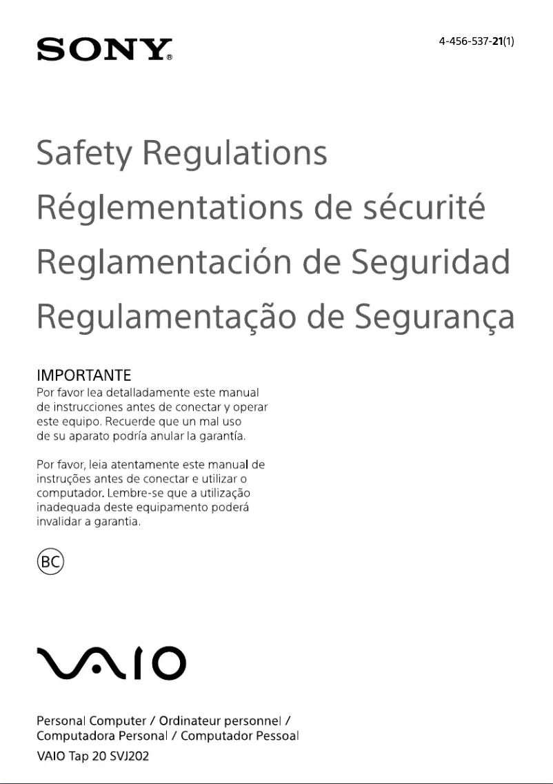 Imagen de la primera página del manual del dispositivo Vaio SVJ20225CLB