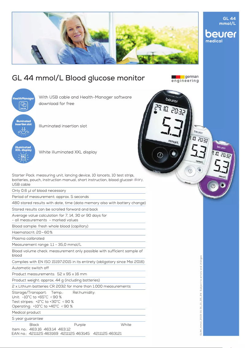 Página 1 del manual Ficha técnica Beurer GL 44