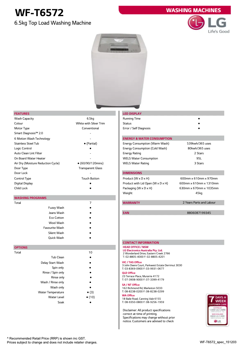 Página 1 del manual Ficha técnica LG WF-T6572