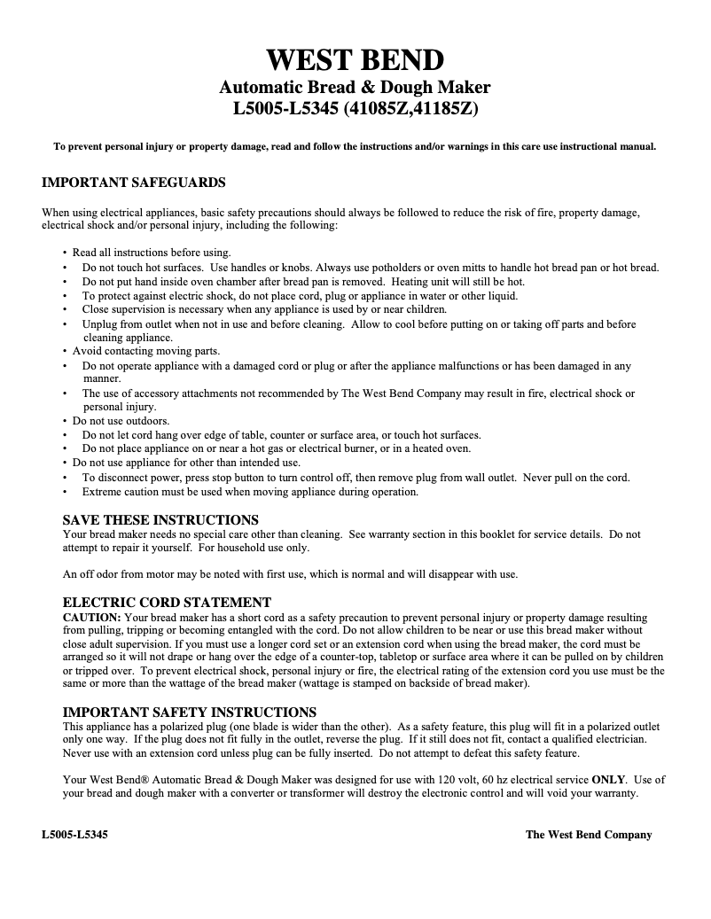 Página 1 del manual Manual de usuario WestBend 41185Z