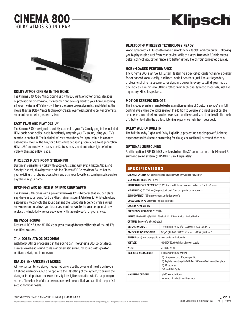 Página 1 del manual Ficha técnica Klipsch Cinema 800