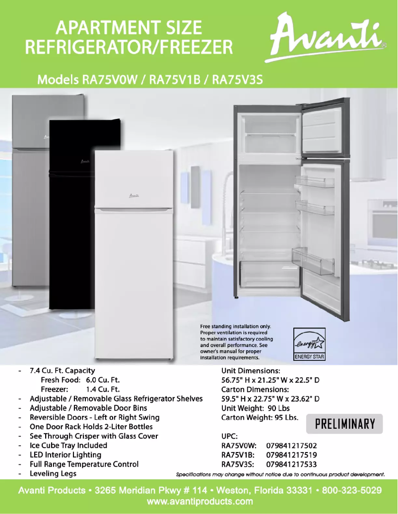 Página 1 del manual Ficha técnica Avanti RA75V1B