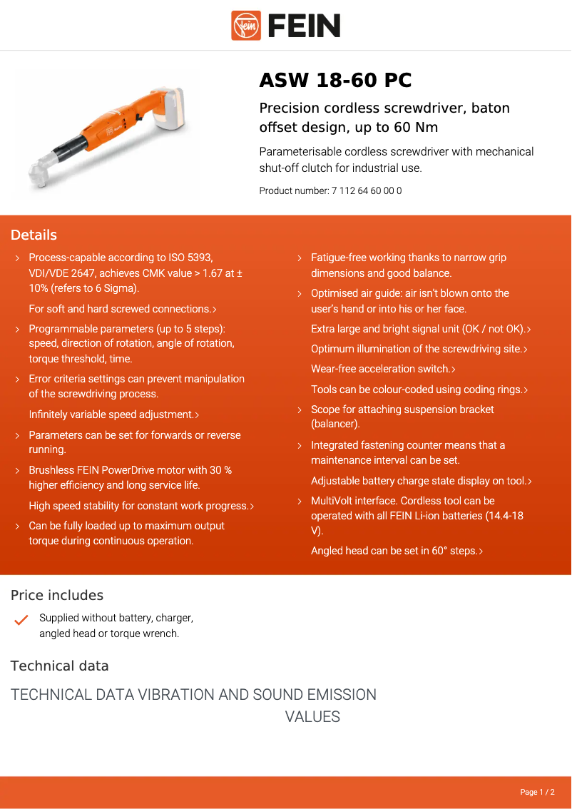 Página 1 del manual Ficha técnica Fein ASW 18-60 PC