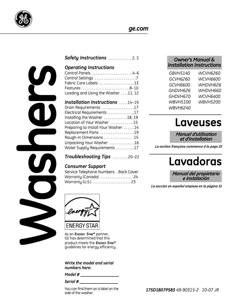 Página 1 del manual Guía de instalación GE WBVH6240HWW