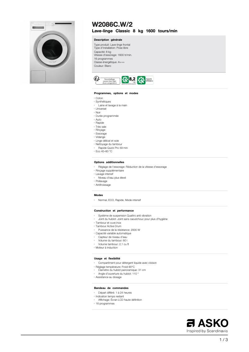 Página 1 del manual Ficha técnica Asko W2086CW2