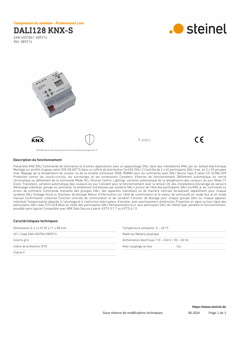 Imagen de la primera página del manual del dispositivo DALI128 KNX