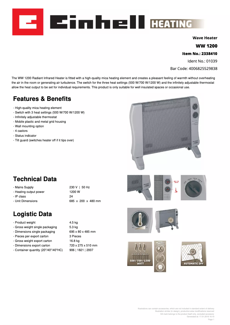 Página 1 del manual Ficha técnica Einhell WW 1200