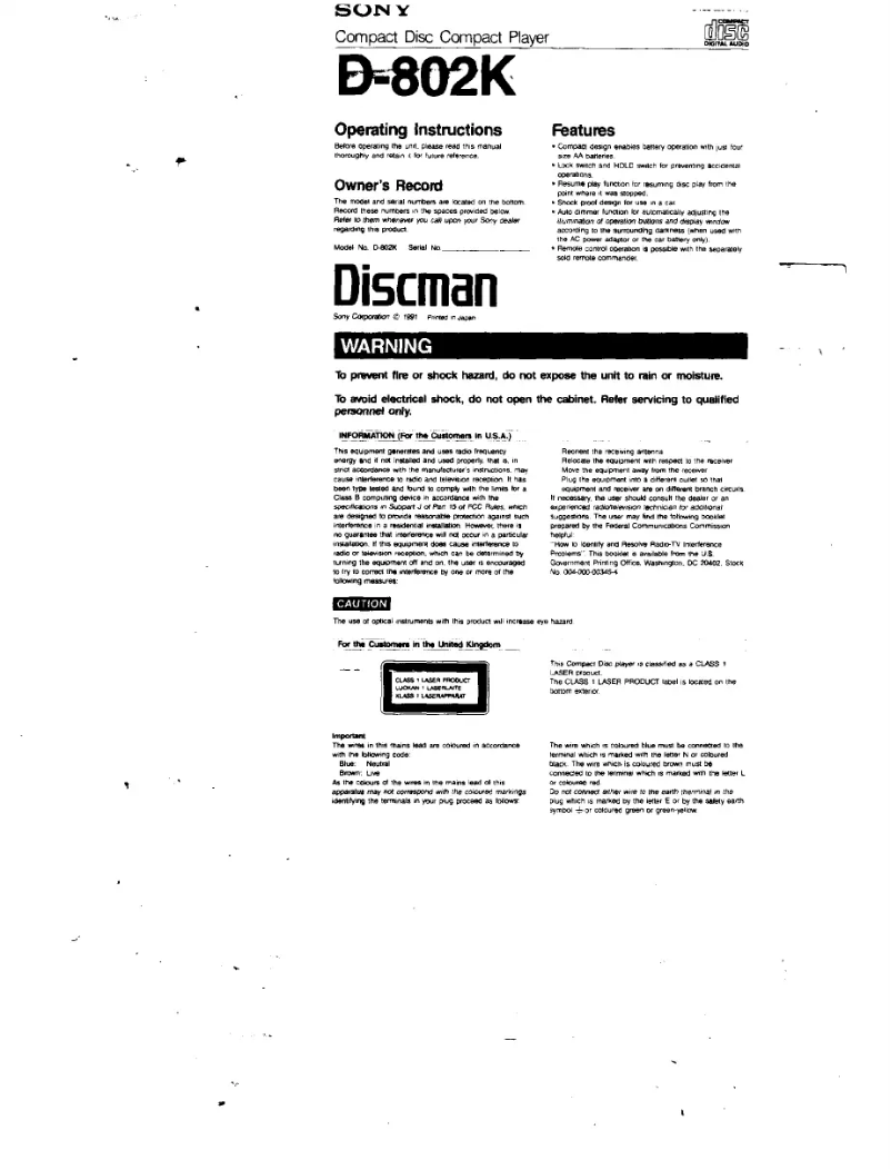 Imagen de la primera página del manual del dispositivo Discman D-802K