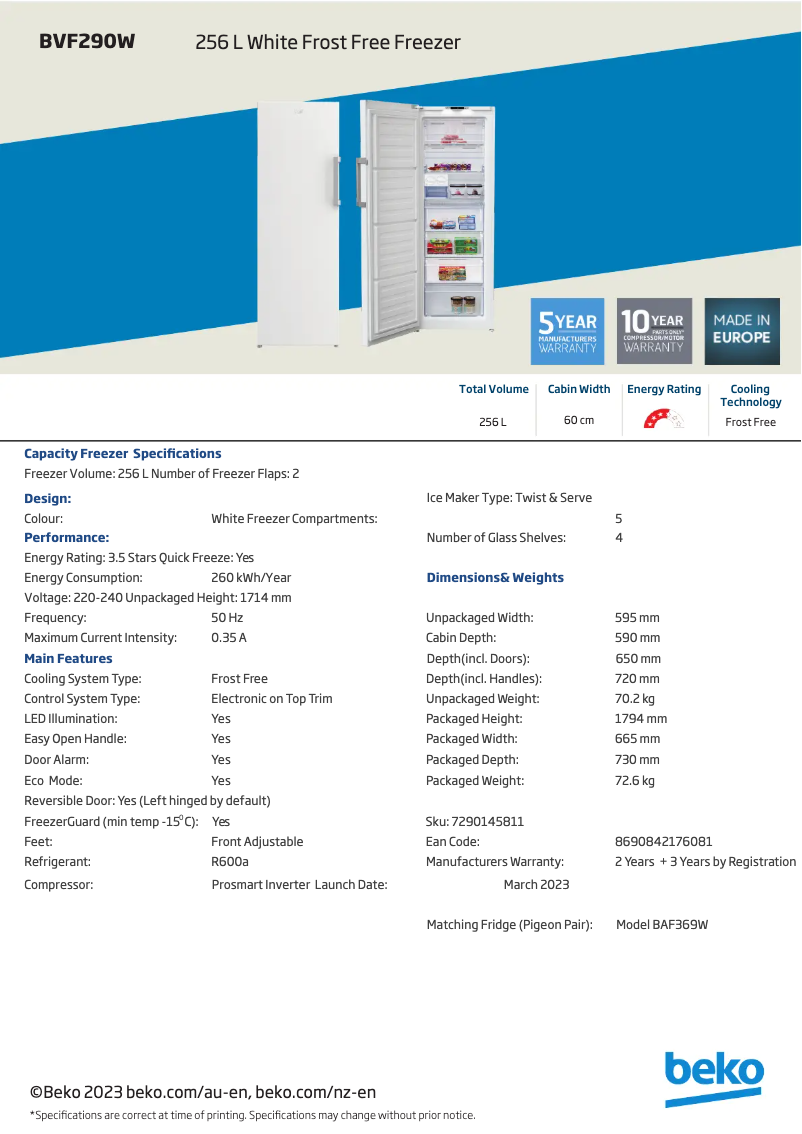 Página 1 del manual Ficha técnica Beko BVF290W