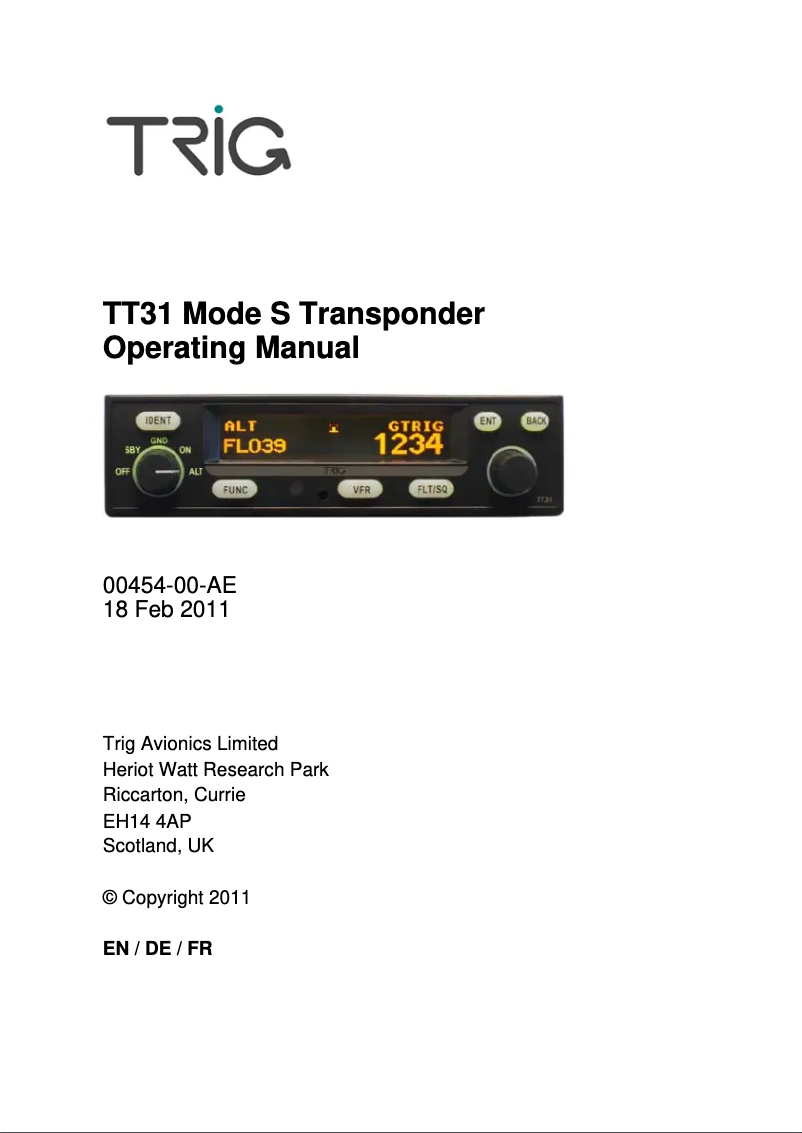 Página 1 del manual Manual de usuario Trig Avionics TT31 Mode S Transponder