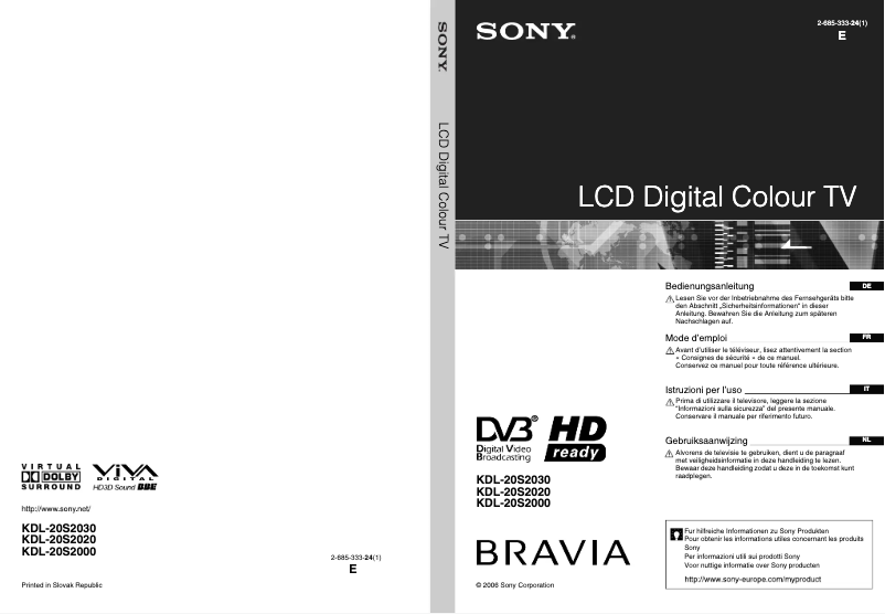 Imagen de la primera página del manual del dispositivo Bravia KDL-20S2030