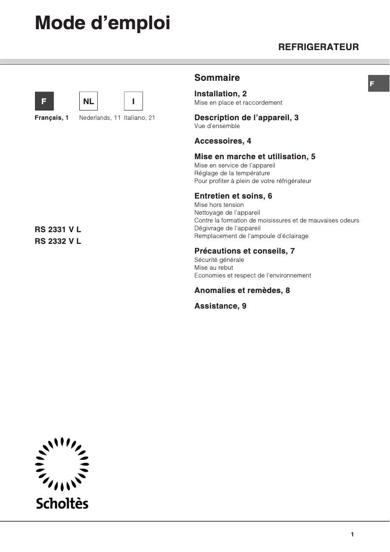 Página 1 del manual Manual de usuario Scholtès RS 2331 V L