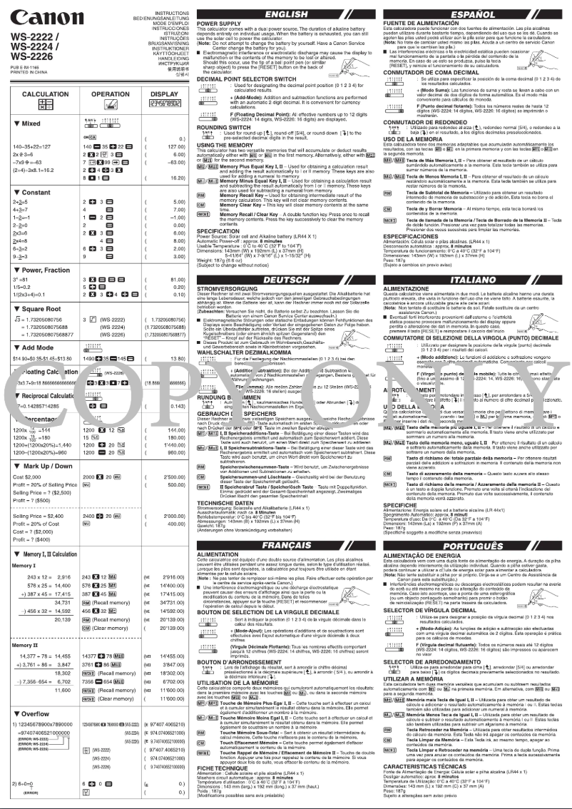 Página nº 1 - Manual de usuario Canon WS-2226