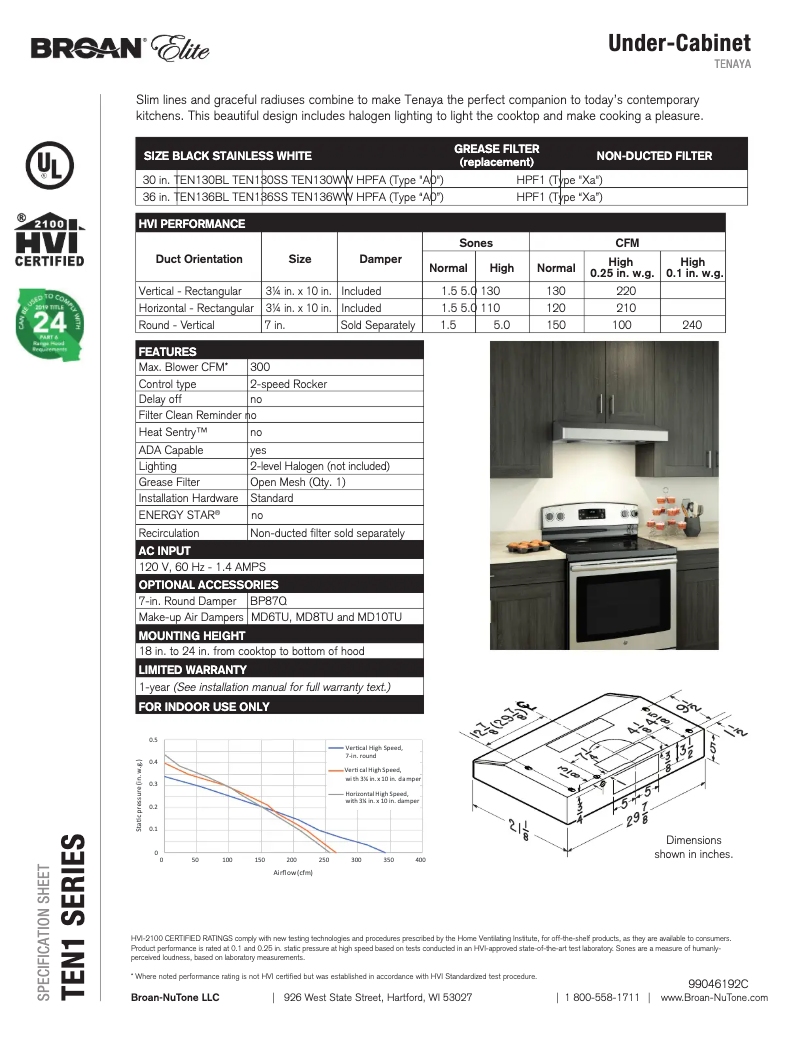 Página nº 1 - Ficha técnica Broan TEN130WW