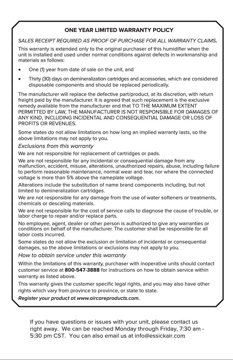 Página 1 del manual Información de garantía AirCare Mesa MU320DWAL