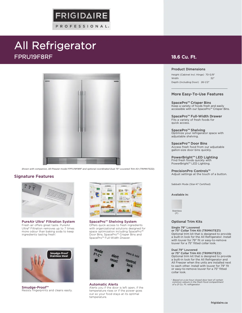 Página 1 del manual Ficha técnica Frigidaire TRIMKITEZ1