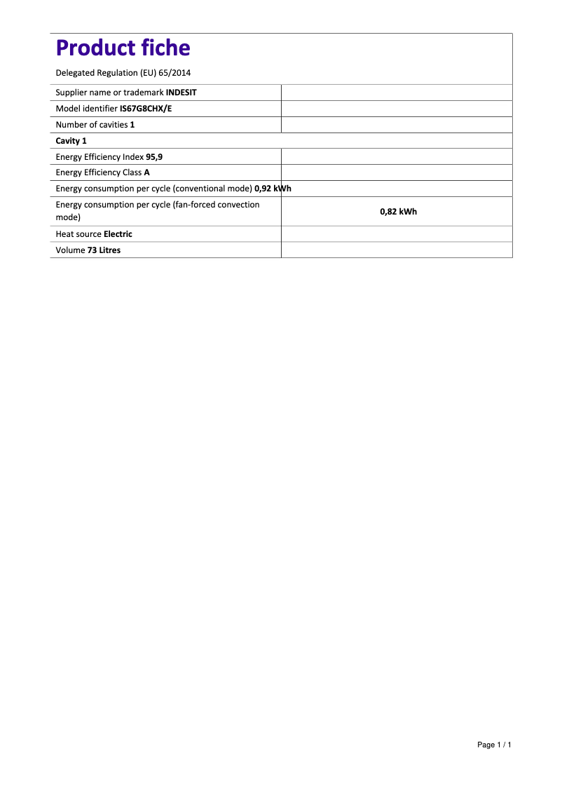 Página 1 del manual Ficha técnica Indesit IS67G8CHX/E