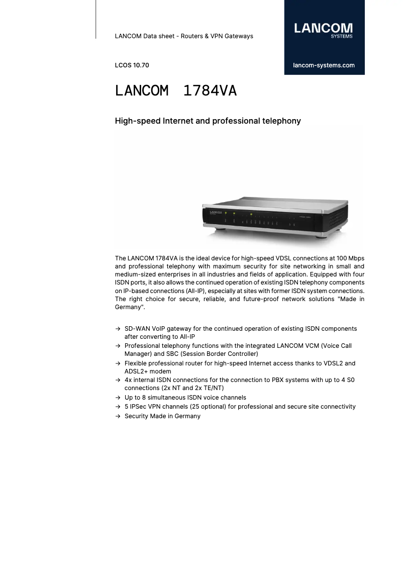 Página 1 del manual Ficha técnica Lancom 1784VA