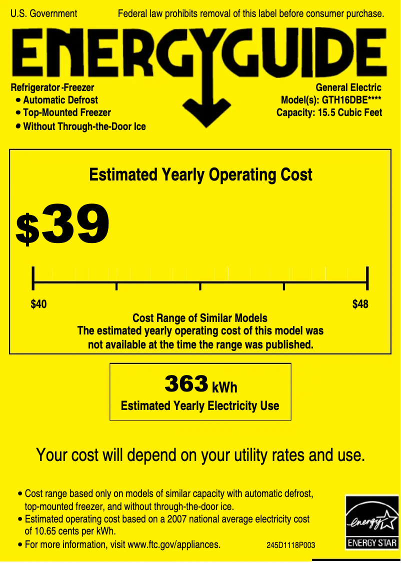 Página 1 del manual Etiqueta energética GE GTH16DBERBB