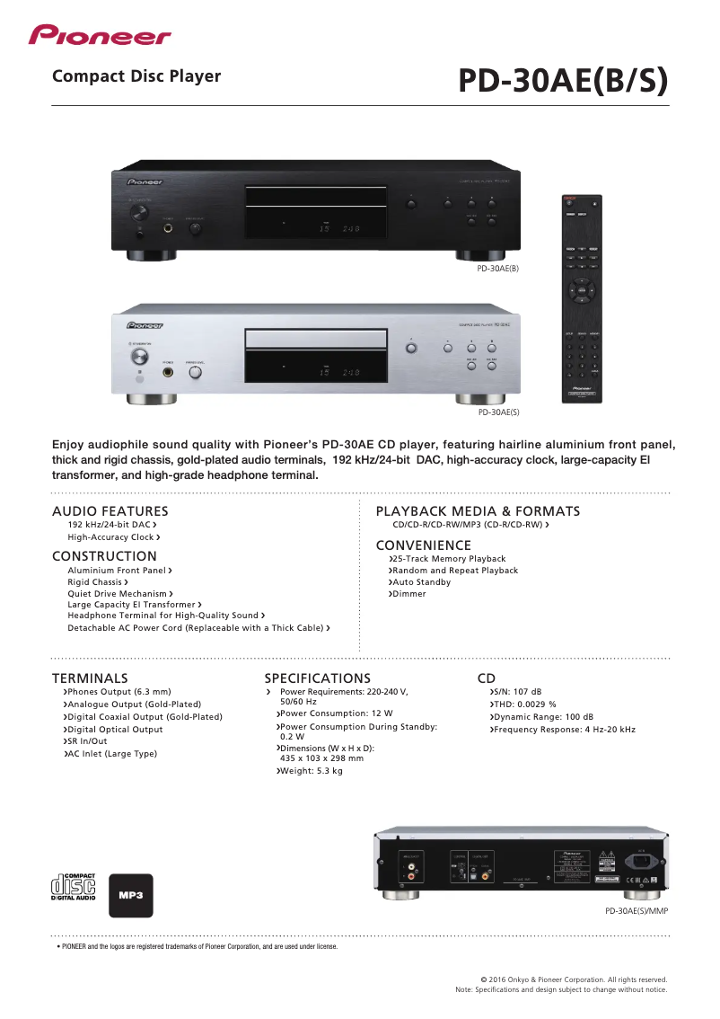 Página 1 del manual Ficha técnica Pioneer PD-30AE