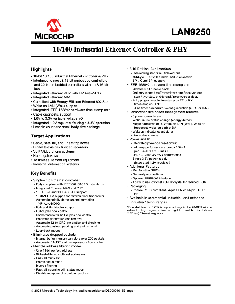 Imagen de la primera página del manual del dispositivo LAN9250