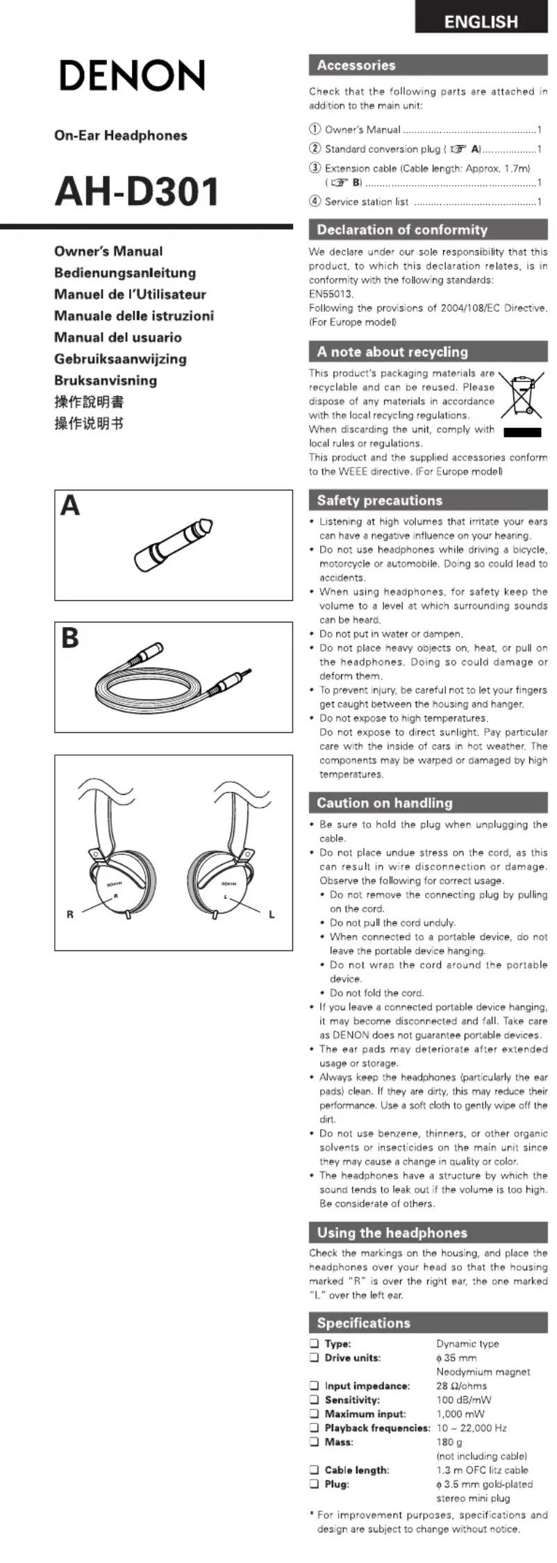 Página 1 del manual Manual de usuario Denon AH-D301