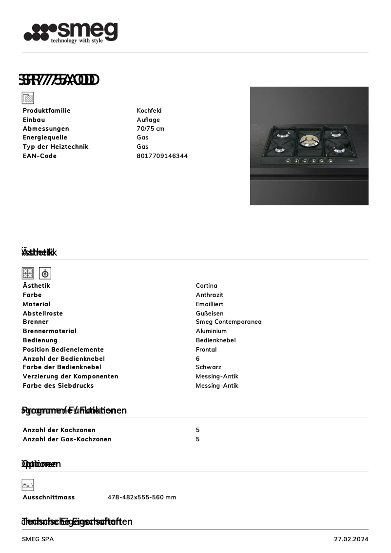 Página 1 del manual Ficha técnica Smeg SR775AOD