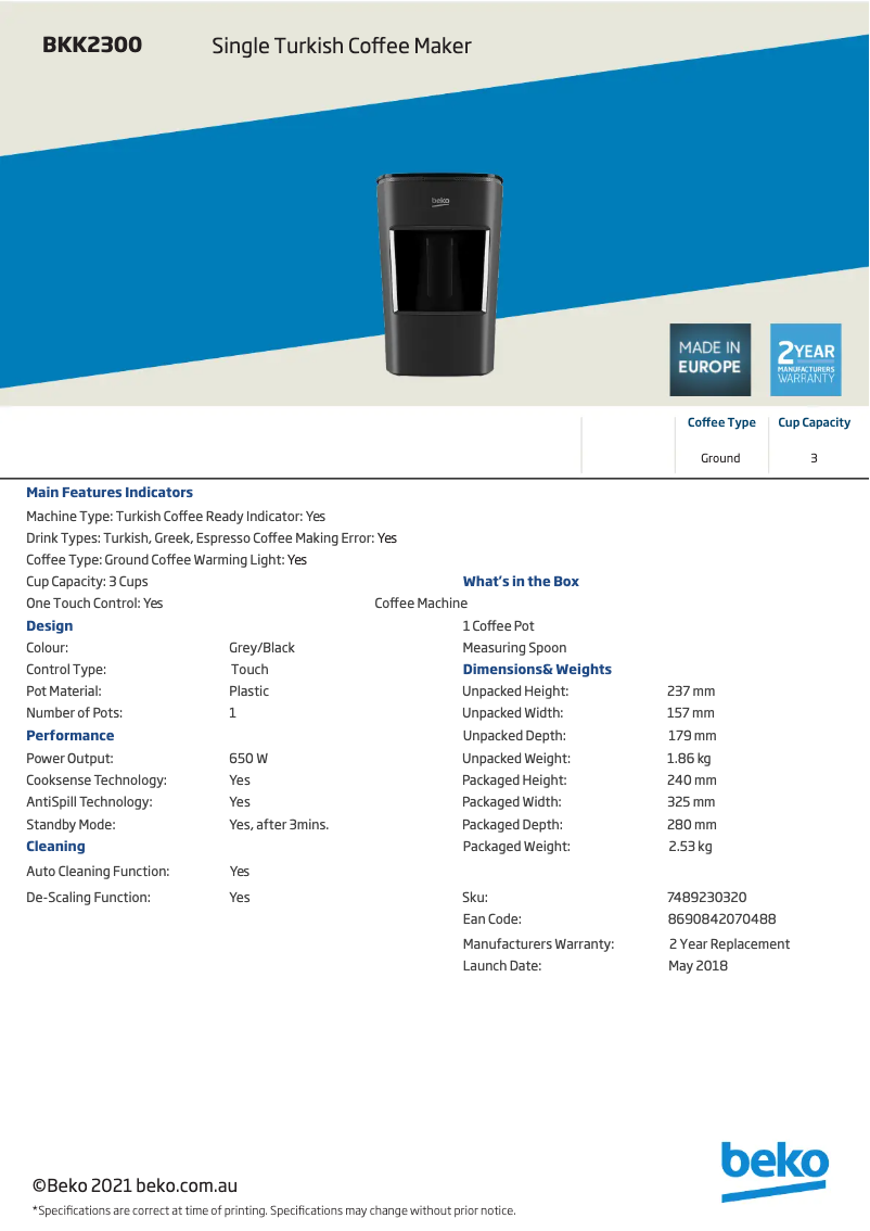 Página 1 del manual Ficha técnica Beko BKK 2300