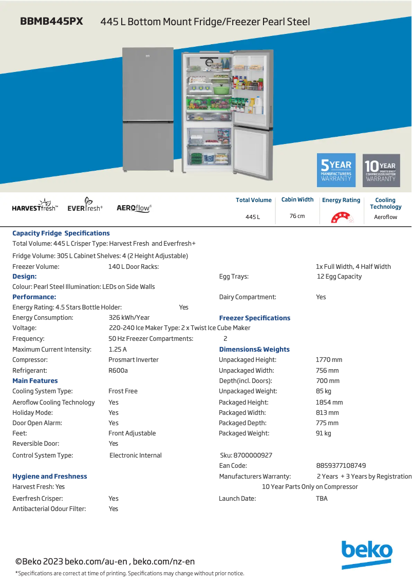 Página 1 del manual Ficha técnica Beko BBMB445PX