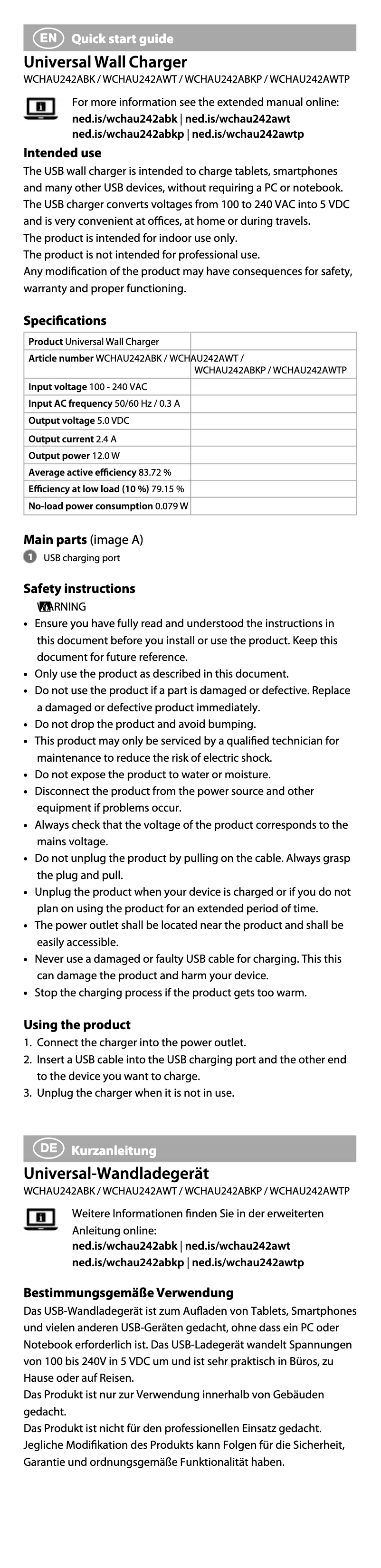 Página nº 1 - Manual de usuario Nedis WCHAU242AWT