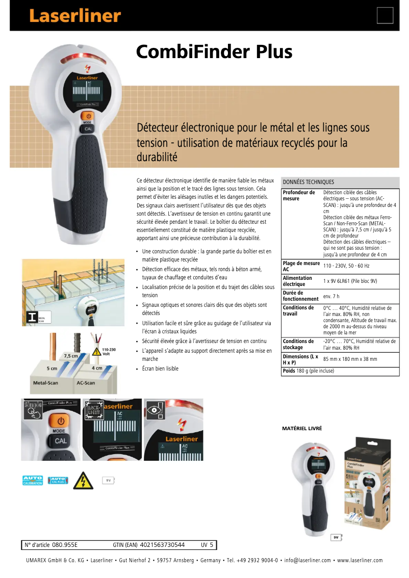 Página 1 del manual Ficha técnica Laserliner CombiFinder Plus