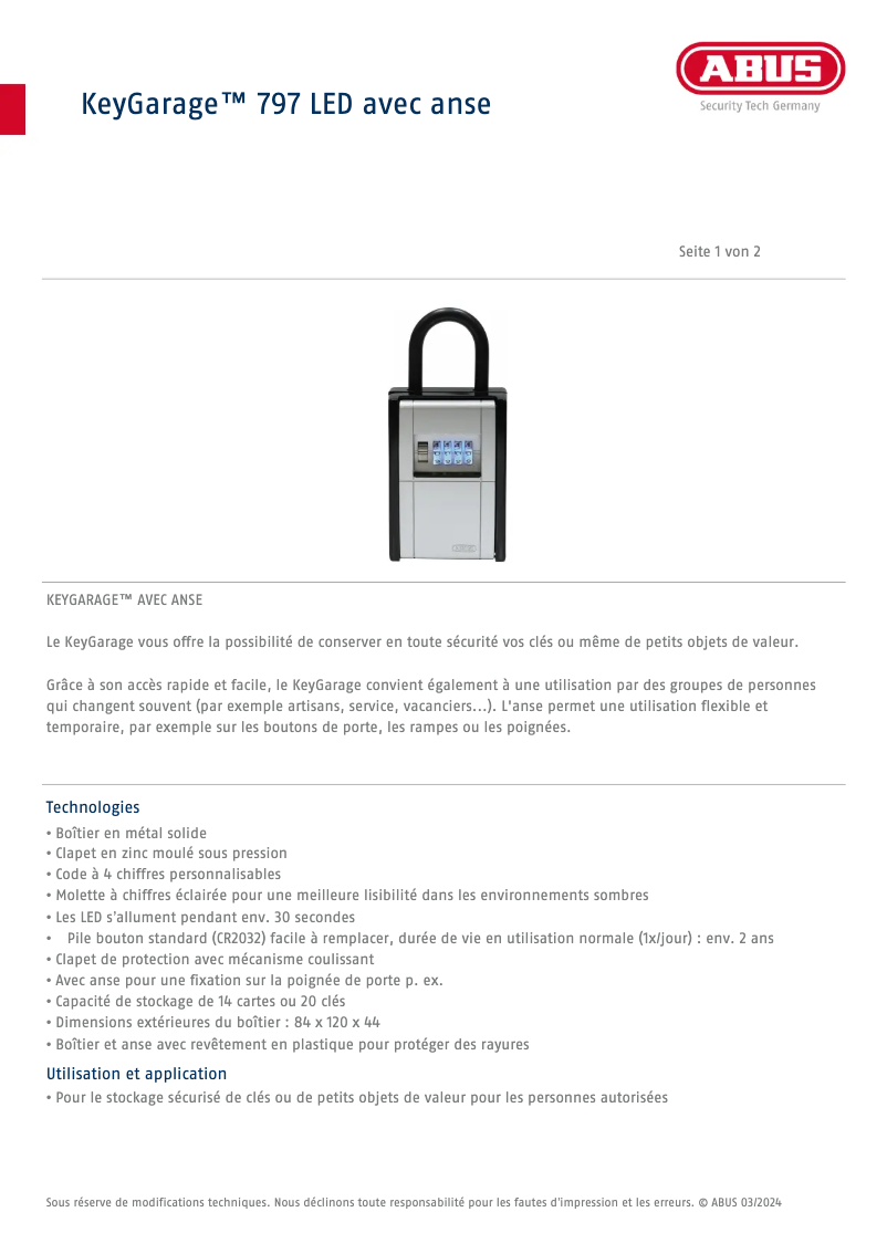 Página nº 1 - Ficha técnica Abus KeyGarage 797 LED