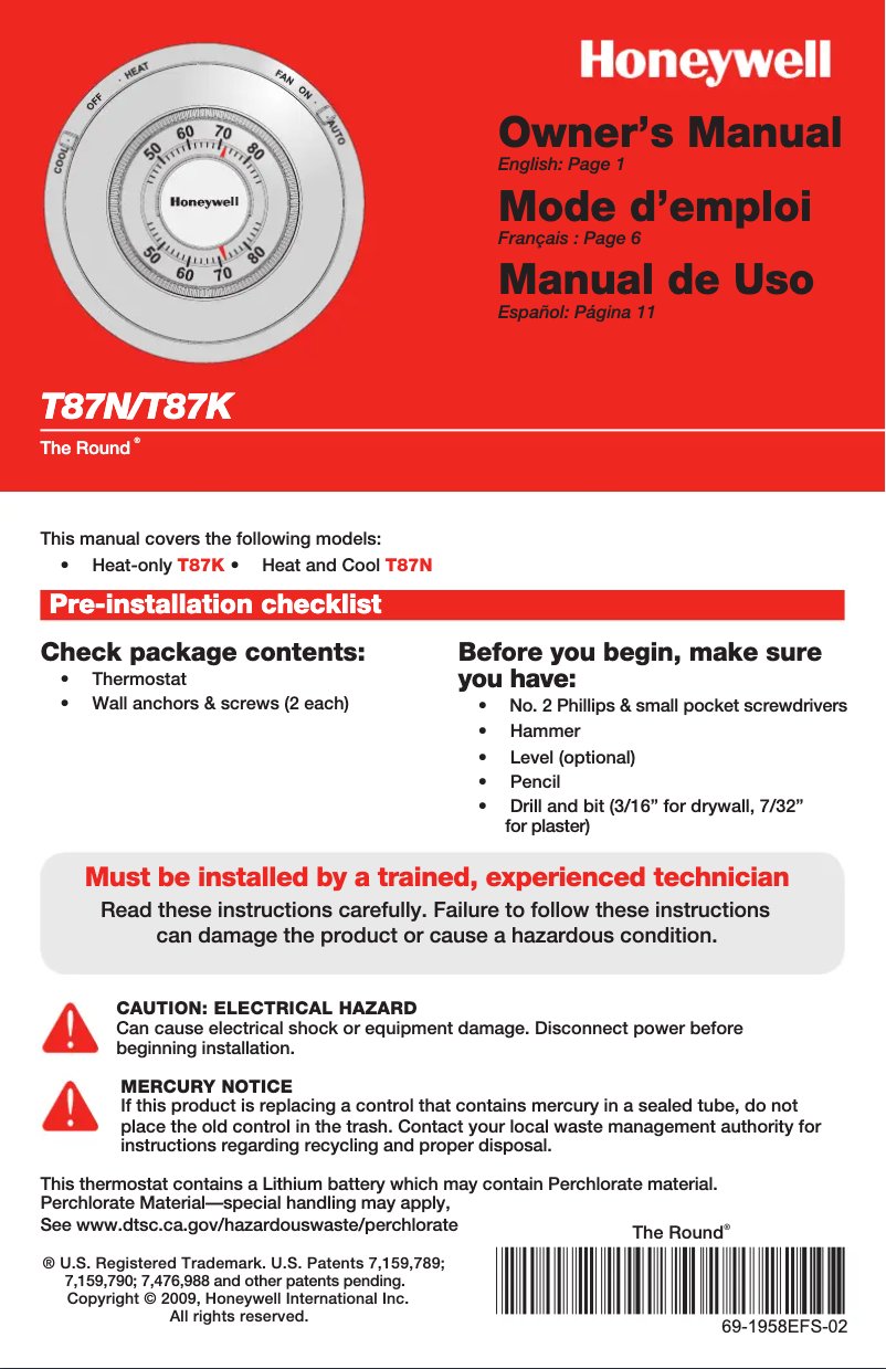 Página nº 1 - Manual de usuario Honeywell The Round T87K