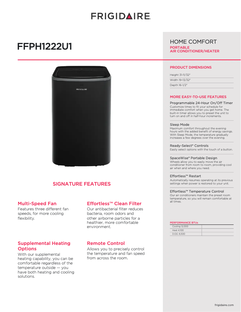 Página 1 del manual Ficha técnica Frigidaire FFPH1222U1