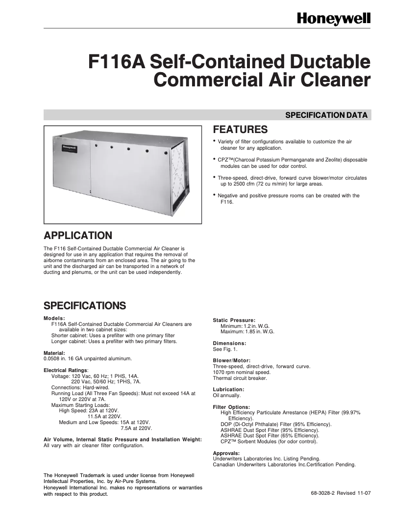 Página 1 del manual Ficha técnica Honeywell F116A1047