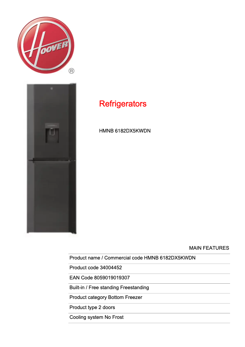 Página 1 del manual Ficha técnica Hoover HMNB 6182DX5KWDN