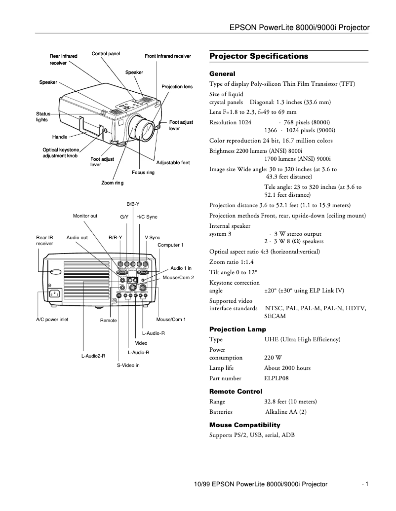 Página 1 del manual Ficha técnica Epson PowerLite 9000i