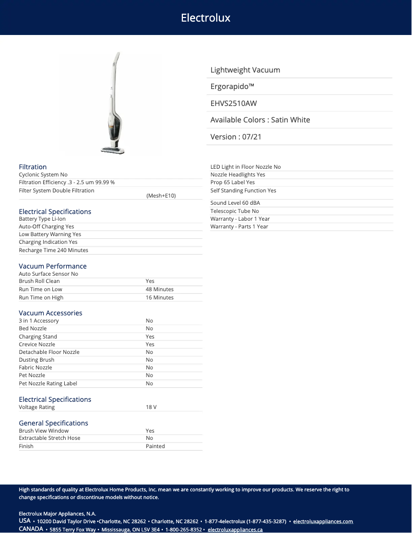 Página 1 del manual Ficha técnica Electrolux Ergorapido EHVS2510AW
