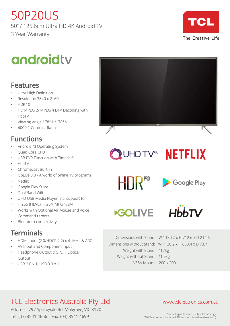 Página 1 del manual Ficha técnica TCL 50P20US