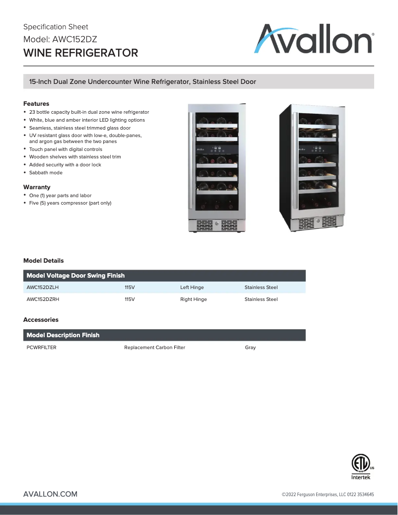 Página 1 del manual Ficha técnica Avallon AWC152DZ