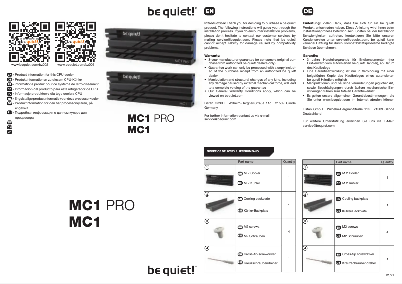 Imagen de la primera página del manual del dispositivo MC1 PRO