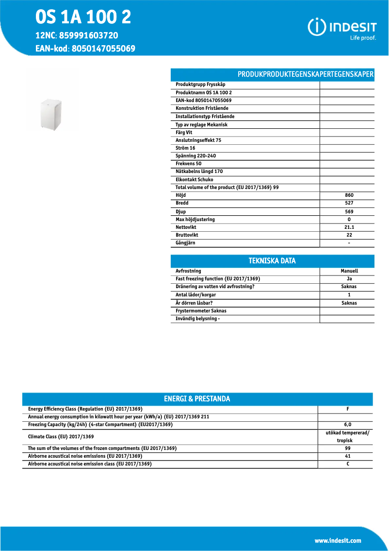 Página 1 del manual Ficha técnica Indesit OS 1A 100 2