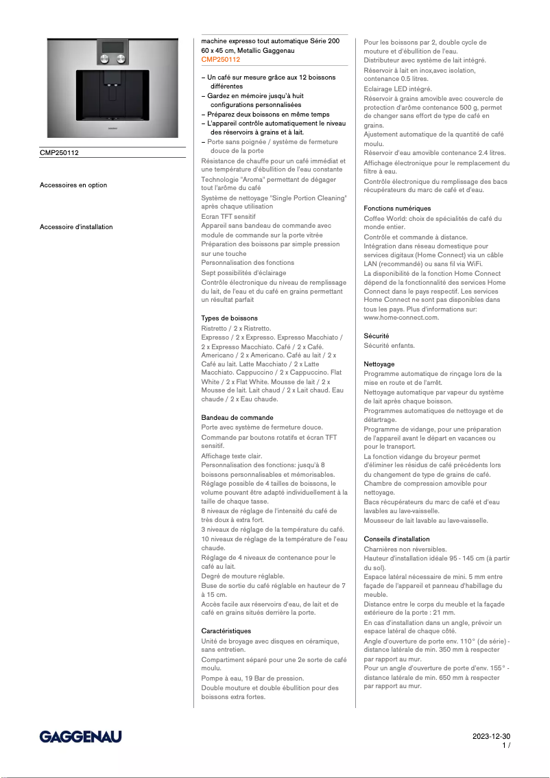 Página 1 del manual Ficha técnica Gaggenau CMP250112