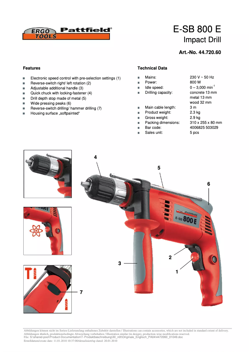 Página 1 del manual Ficha técnica Ergotools Pattfield E-SB 800 E