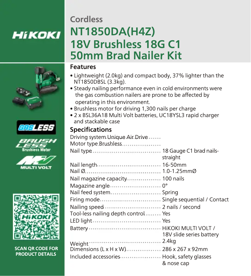 Página 1 del manual Ficha técnica HiKOKI NT1850DA