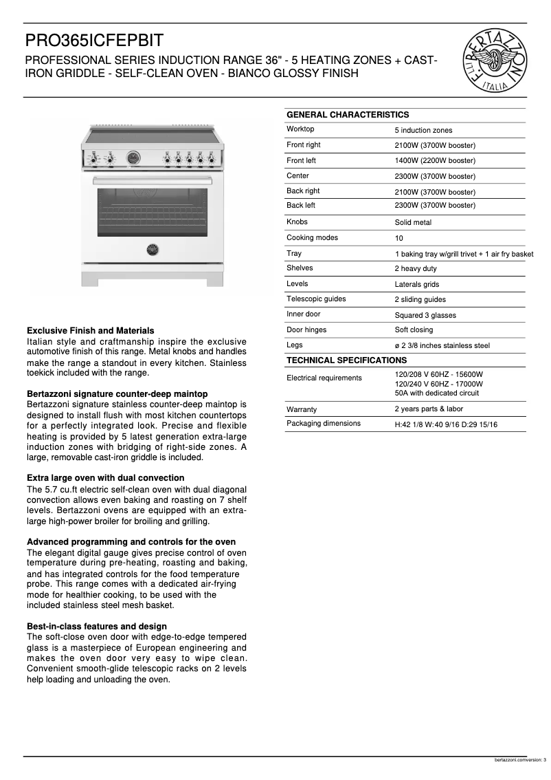 Página 1 del manual Ficha técnica Bertazzoni PRO365ICFEPBIT