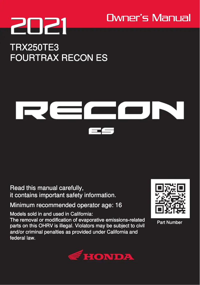 Página 1 del manual Manual de usuario Honda FourTrax Recon ES TRX250TE (2021)